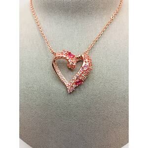 Pink CZ Heart Necklace Rose Gold Tone Stainless Steel Sparkly